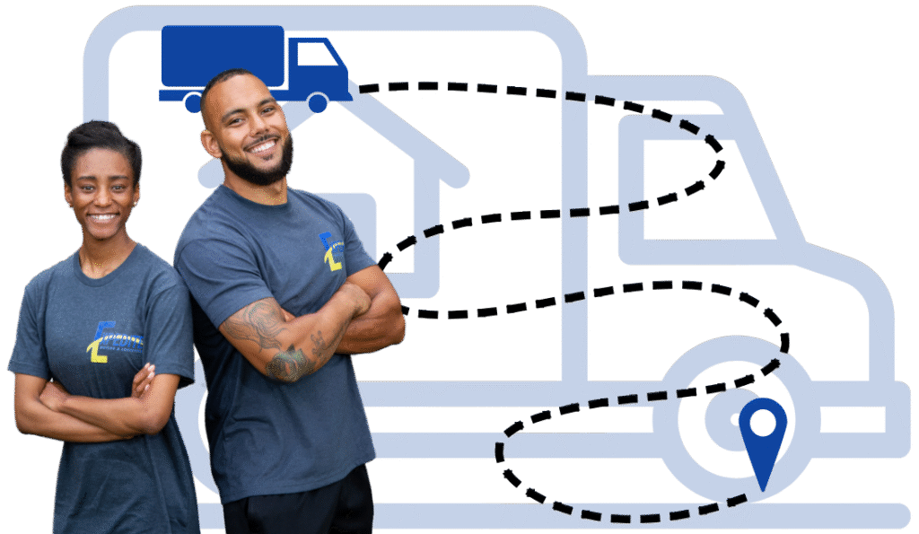 Peachtree City Movers, Larry and Sarai, posing with their arms crossed. A moving truck and dotted path as an image background.
